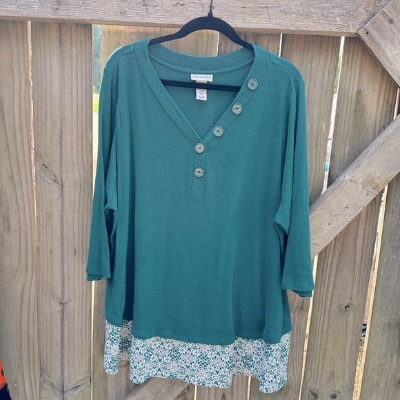 Catherine’s Green Mixed Media Faux Button Front Tunic Sweater Blouse - Picture 1 of 6